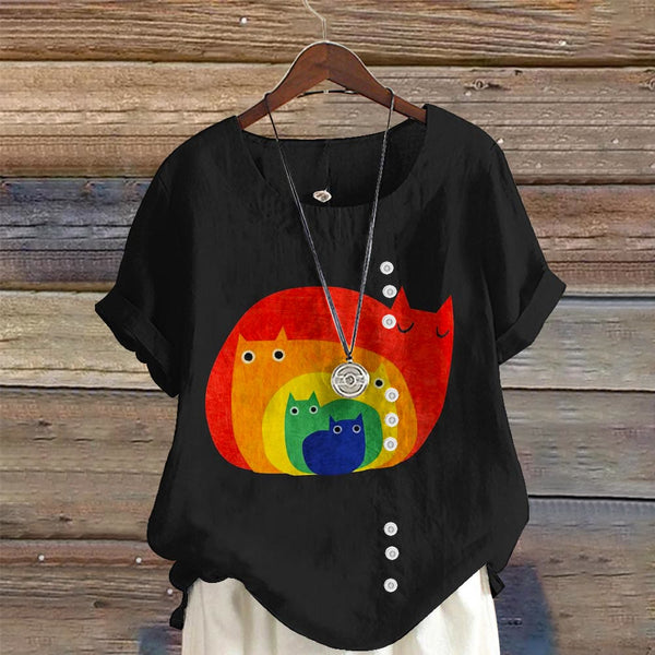 Abstract Creative Cute Cat Print Art Blouse