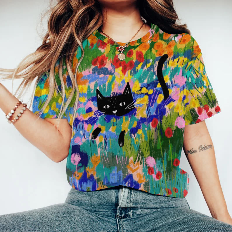 Oil Painting Flower Cat Print Round Neck T-shirt