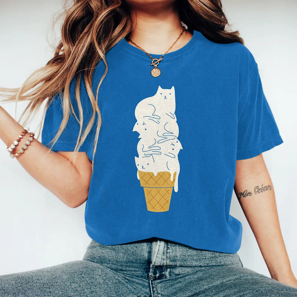 Women's Ice Cream Cats Round Neck Casual T-shirt