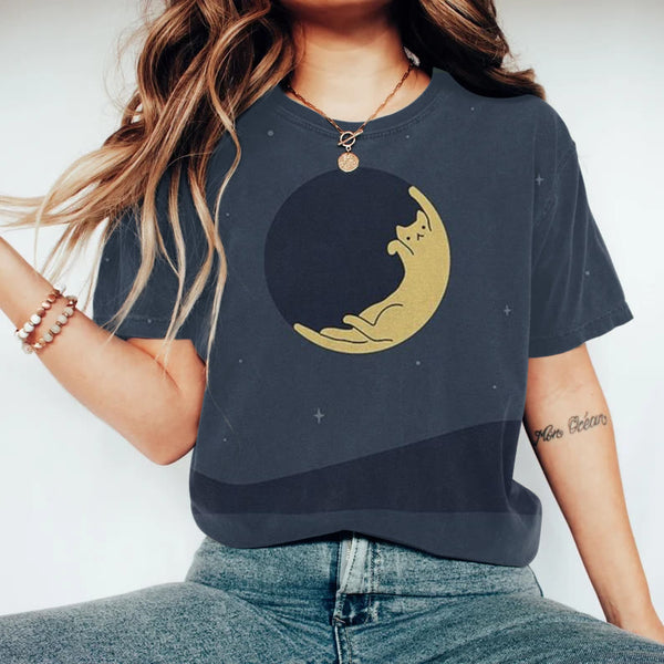 Women's Moon And Cat Round Neck Casual T-shirt