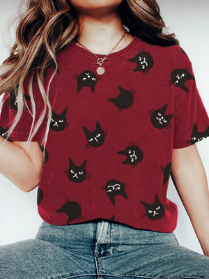 Cat Head Print Short Sleeve T-shirt