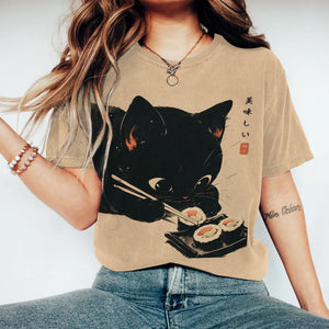 Japanese Art Eating Sushi Cat Print Casual T-shirt