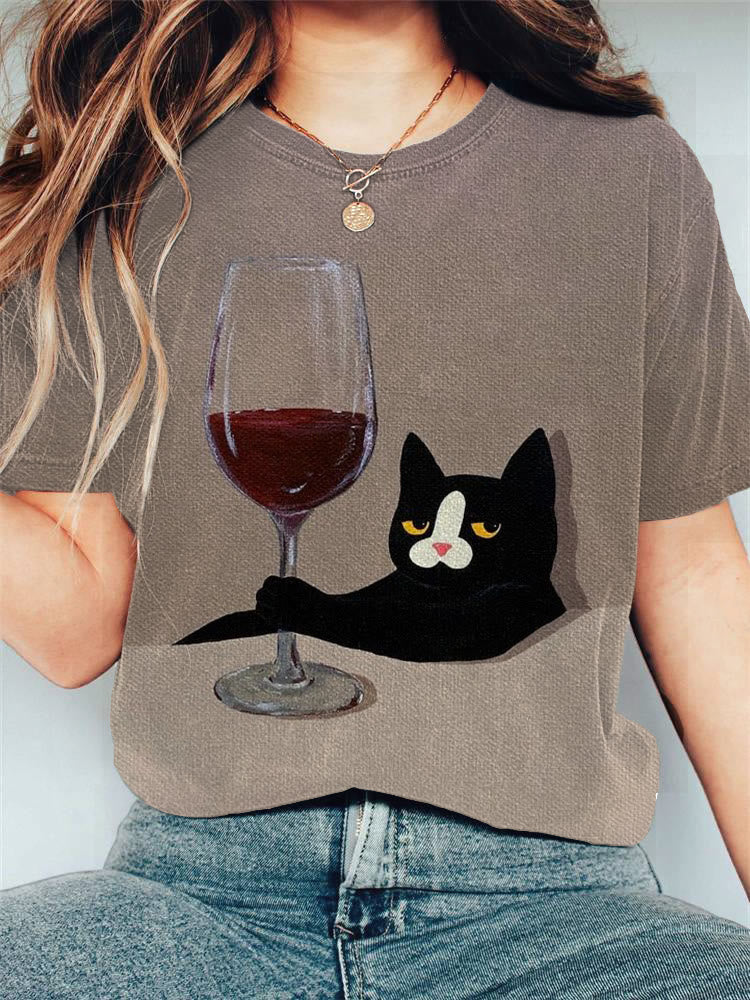 Funny Wine Glasses Cat Print Casual T-shirt