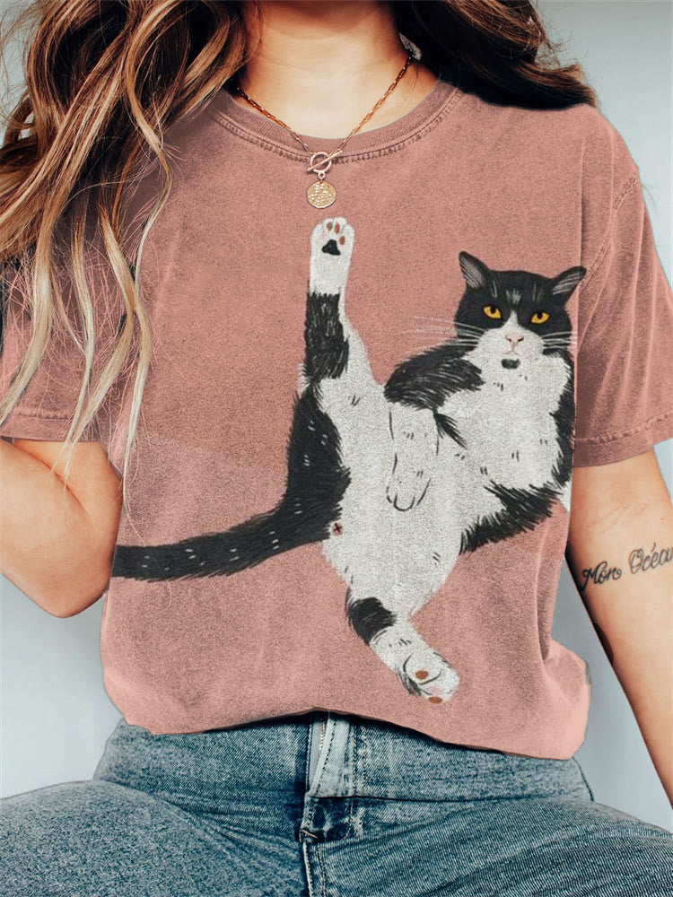 Funny Cat Contrast Color Print Casual T-shirt