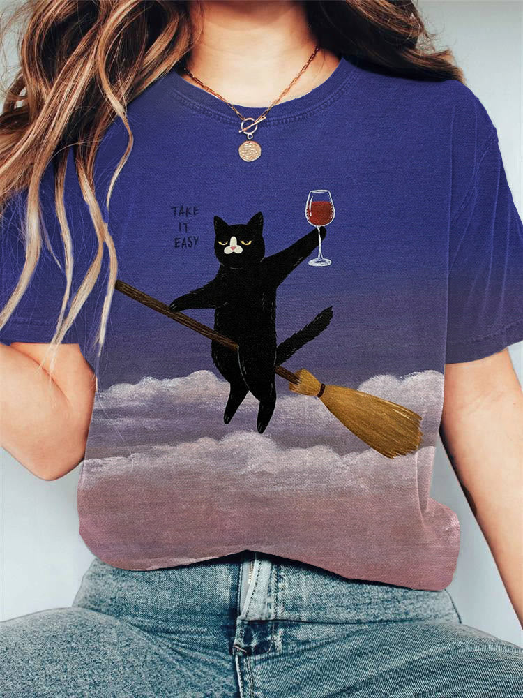 Funny Wine Glasses Cat Print Casual T-shirt