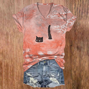 Women's Oil Painting Cat Print V-neck T-shirt