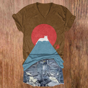 Women's White Cat Snow On Mount Fuji Japanese Art Print V-neck T-shirt