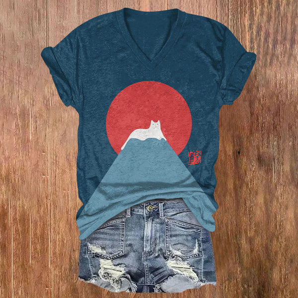 Women's White Cat Snow On Mount Fuji Japanese Art Print V-neck T-shirt