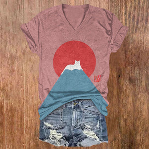 Women's White Cat Snow On Mount Fuji Japanese Art Print V-neck T-shirt