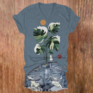 Abstract Creative Cute Cat And Plant Sun Painting Art V-neck T-shirt