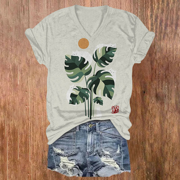 Abstract Creative Cute Cat And Plant Sun Painting Art V-neck T-shirt