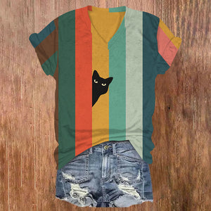 Rainbow Cat Stripe Print V-neck T-shirt