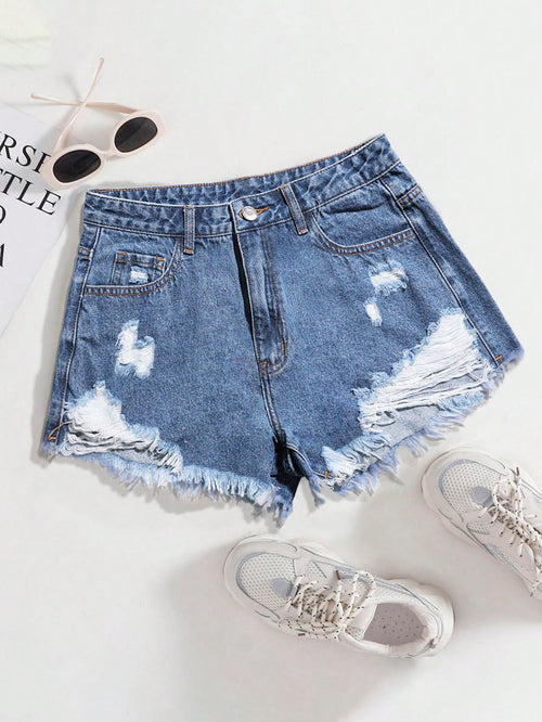 SHEIN EZwear Women Distressed Frayed Hem Denim Shorts For Spring/Summer