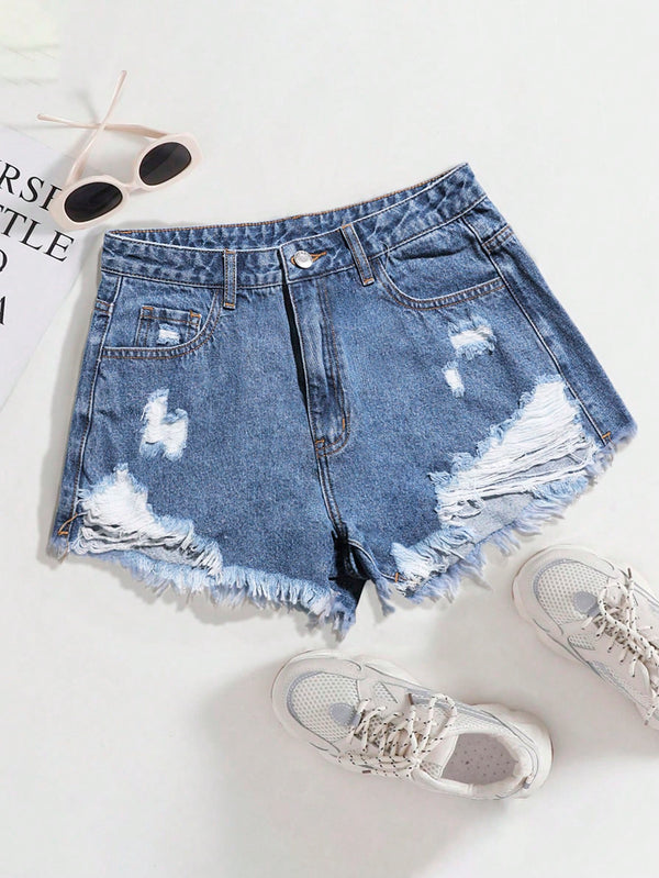 SHEIN EZwear Women Distressed Frayed Hem Denim Shorts For Spring/Summer