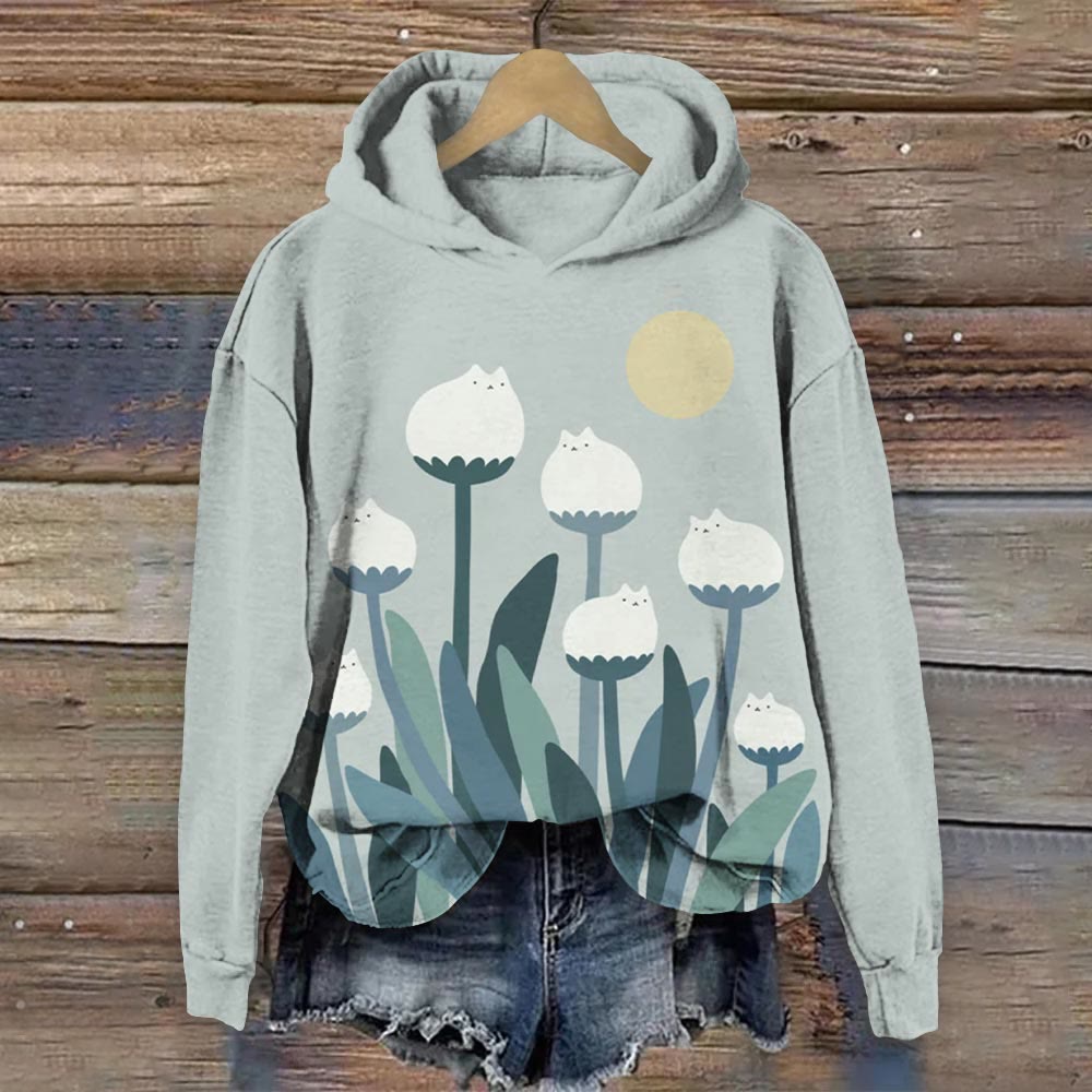 Abstract Creative Spring Cute Cat And Plant Painting Art Women's Hoodie