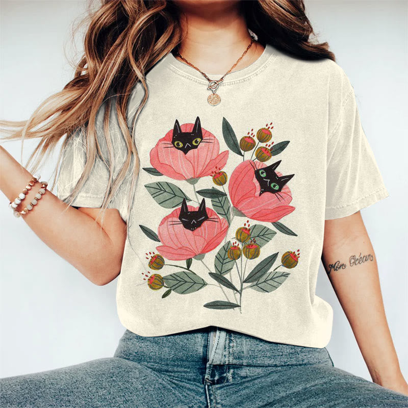 Cute Kitten Flower Art Print Short-sleeved T-shirt