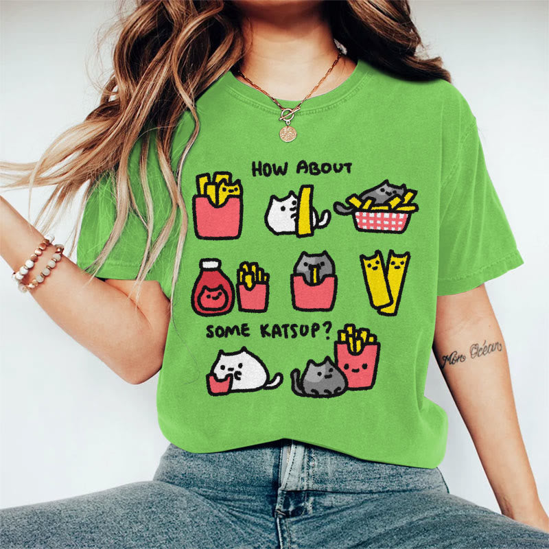 Art Design Cartoon Cat Chips Cute Print Short Sleeve T-shirt