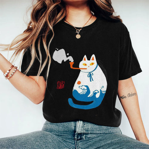 Japanese Art Design Cat Wave Print Short Sleeve T-shirt