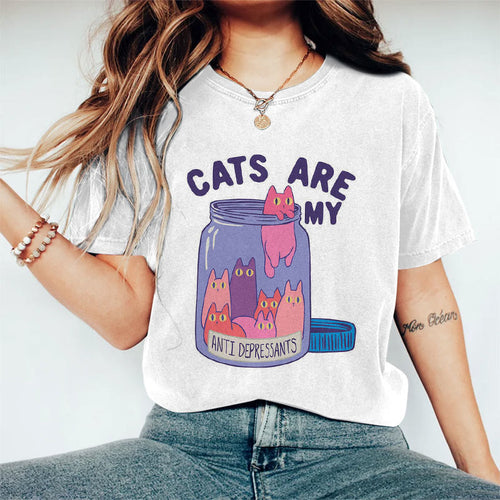 Cats Are My Antidepressant Print Short Sleeve T-shirt