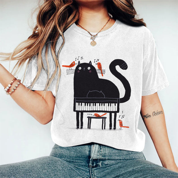 Cute Piano Cat Art Print Short Sleeve T-shirt