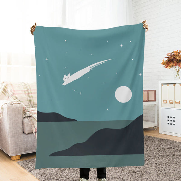 Abstract Creative Cute Cat Leaping Under The Starry Sky Painting Art Blanket