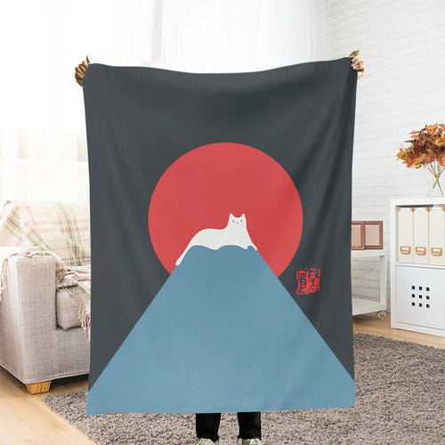 White Cat Snow On Mount Fuji Japanese Art Print Blanket