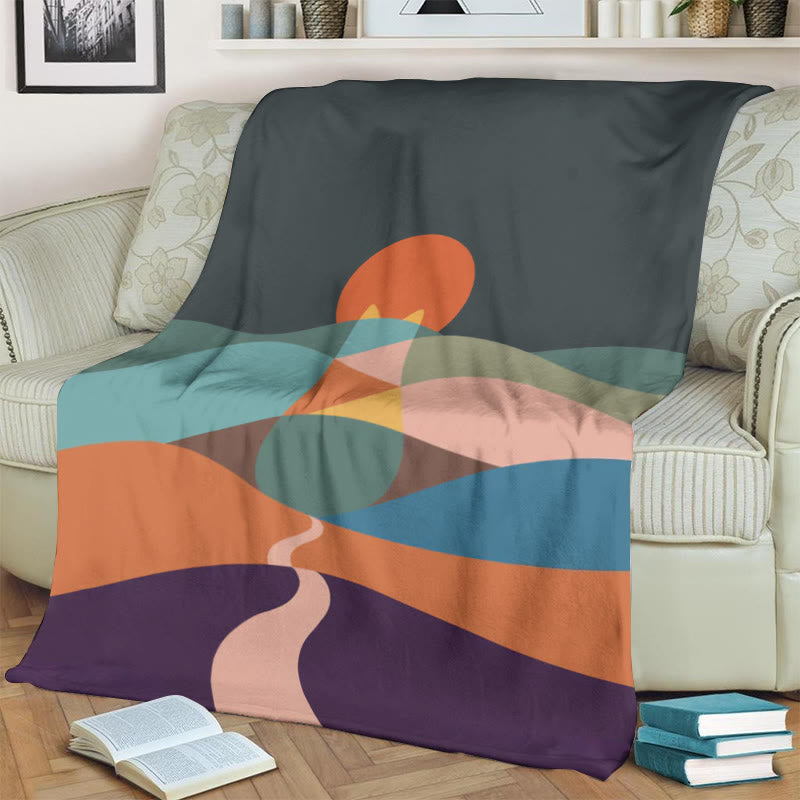 Cat Mountains Landscape Sunrise Japanese Art Blanket