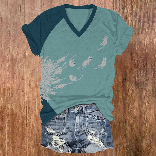 Abstract Creative Dandelion And Cat Painting Art V-neck T-shirt