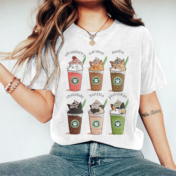 Cat Coffee Print Short Sleeve T-shirt