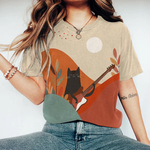 Abstract Creative Cute Cat Play Guitar Painting Art T-shirt