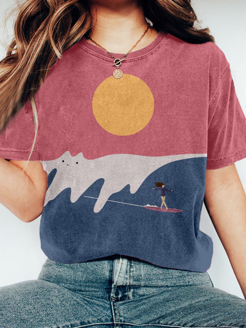 Cute Abstract Cat Landscape Round Neck Casual T-shirt