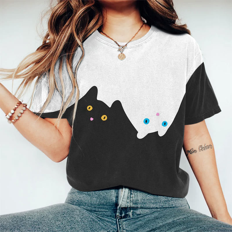 Abstract Cute Black And White Cat Art Print Short Sleeve T-shirt