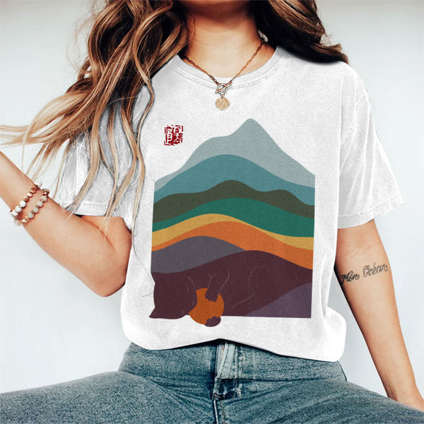 Multicolor Cute Cat Mountain Art Print Short Sleeve T-shirt