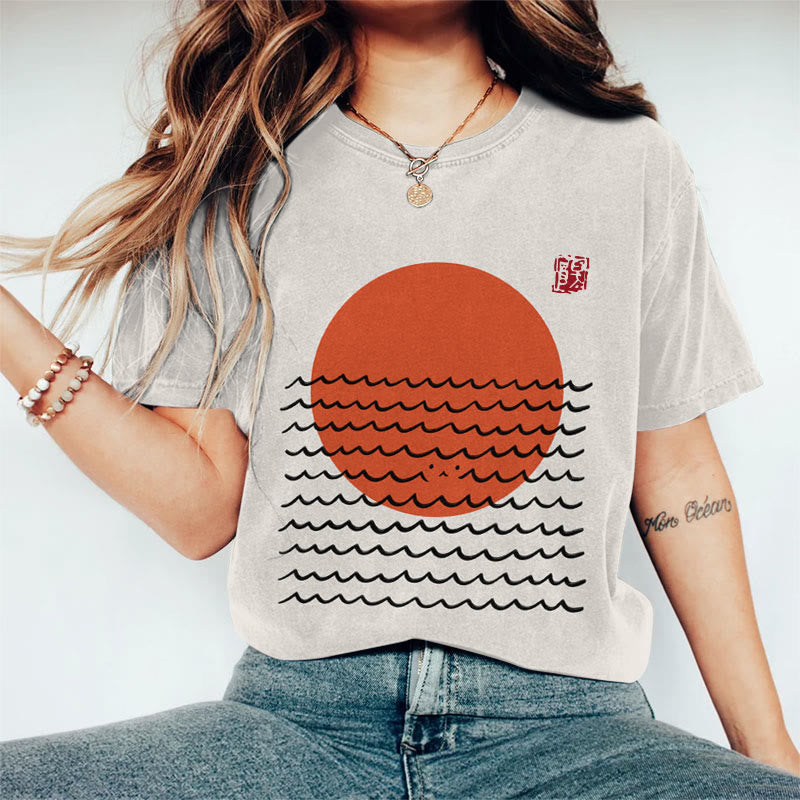 Abstract Cute Cat Wave Sun Art Print Short Sleeve T-shirt