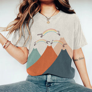 Cute Abstract Creative Rainbow Cat Mountain Art Print Short Sleeve T-shirt