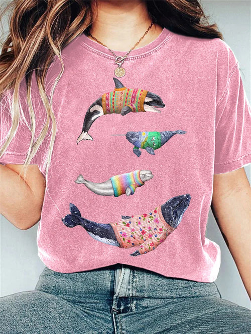 Women's Whale Art Painting Print Casual T-shirt