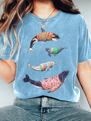 Women's Whale Art Painting Print Casual T-shirt