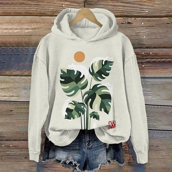 Abstract Creative Cute Cat And Plant Sun Painting Art Women's Hoodie