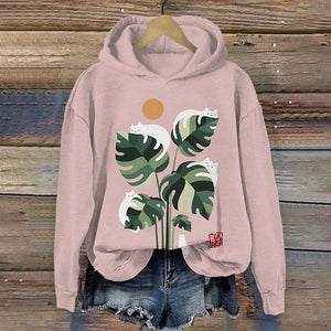 Abstract Creative Cute Cat And Plant Sun Painting Art Women's Hoodie