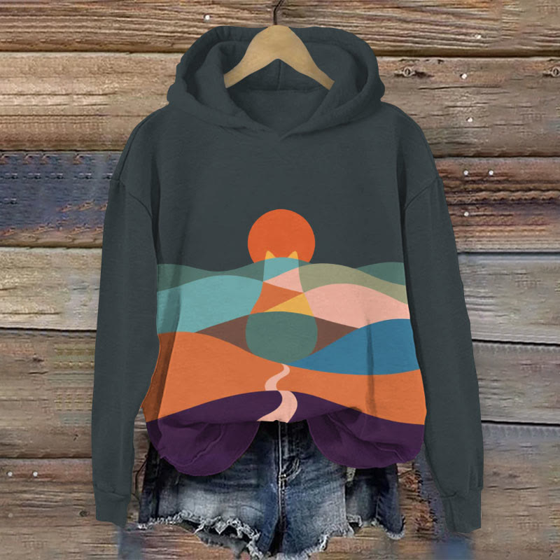 Cat Mountains Landscape Sunrise Japanese Art Vintage Women's Hoodie