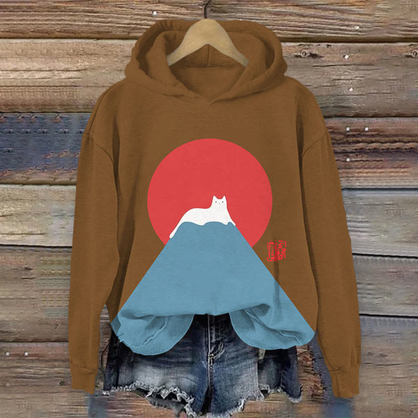 White Cat Snow On Mount Fuji Japanese Art Print Women's Hoodie