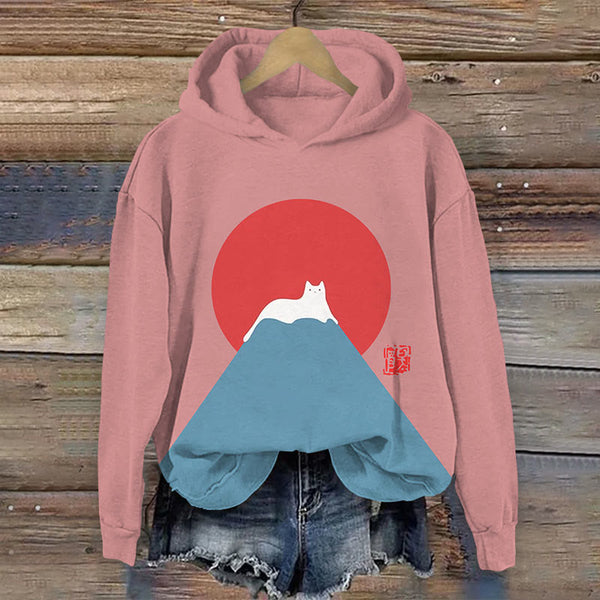 White Cat Snow On Mount Fuji Japanese Art Print Women's Hoodie