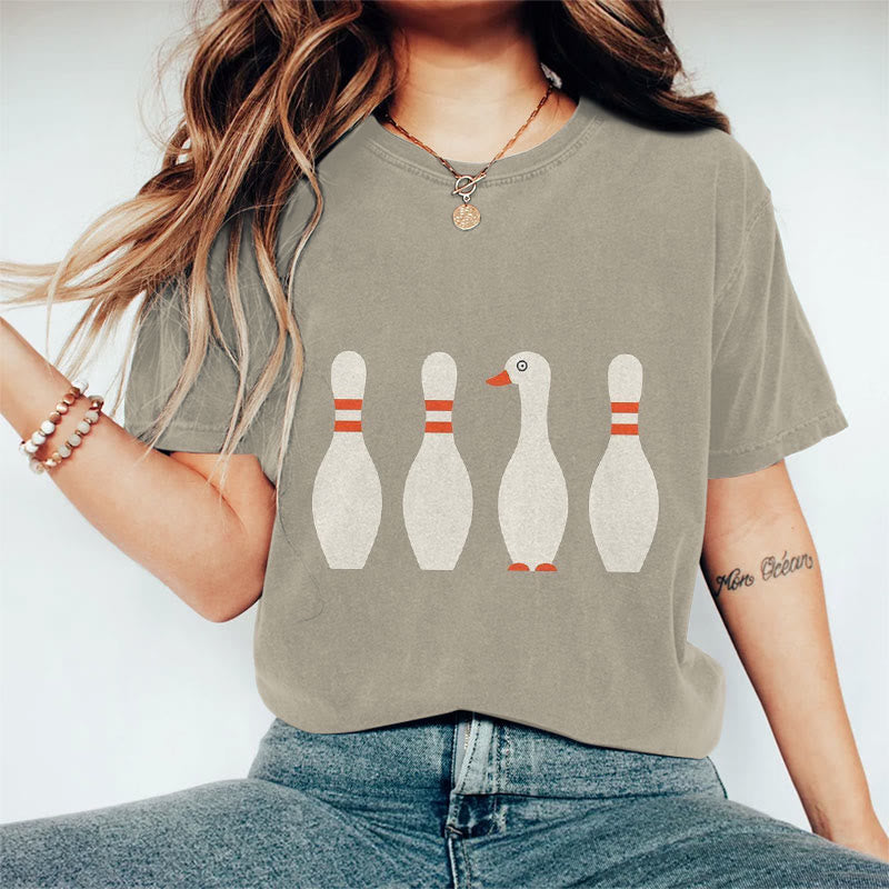 Creative Cute Duck Bowling Art Print Crew Neck Short Sleeve Casual T-shirt