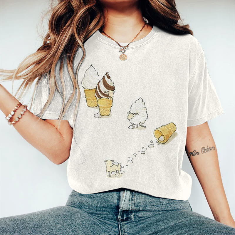 Creative Cute Sheep Ice Cream Art Print Crew Neck Short Sleeve Casual T-shirt