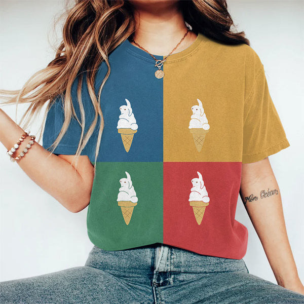 Color Block Bunny Ice Cream Art Print Crew Neck Short Sleeve Casual T-shirt