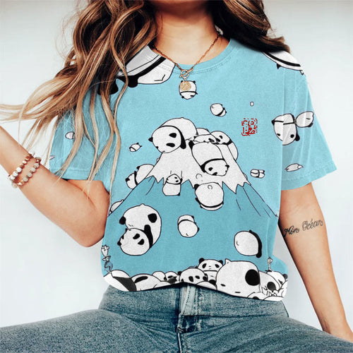 Japanese Style Cute Panda Mount Fuji Art Print Crew Neck Short Sleeve Casual T-shirt