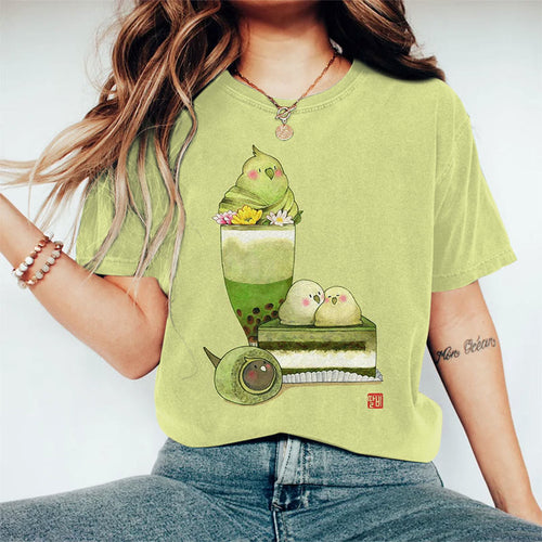 Matcha Dessert Parrot Art Print Crew Neck Short Sleeve Casual T-shirt