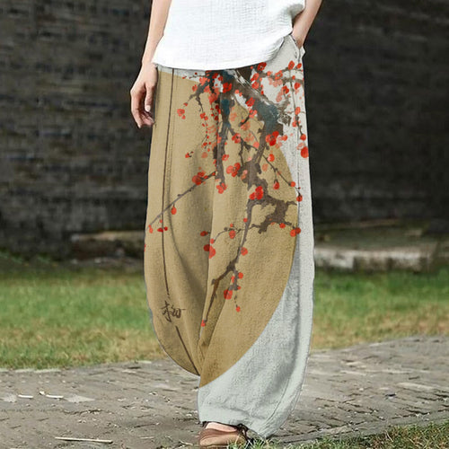 Retro Japanese Plum Blossom Moon Print Casual Pants