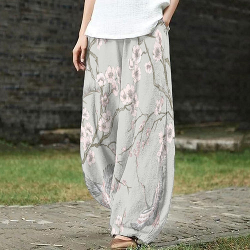 Retro Japanese Plum Blossom Crane Print Casual Pants