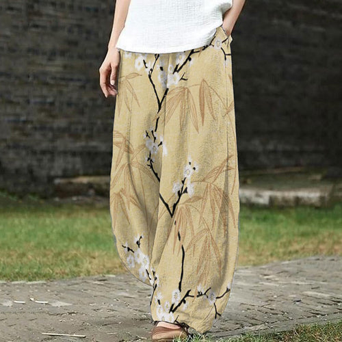 Japanese Plum Blossom And Bamboo Leaf Print Casual Pants